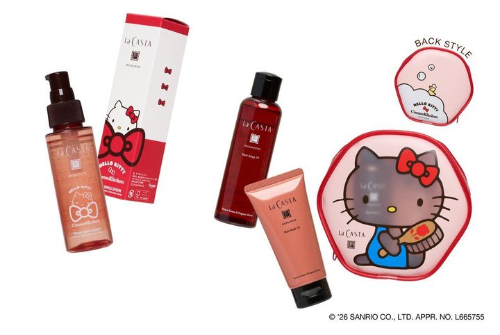 画像: 【コスメキッチン×ハローキティ】左：〈HELLO KITTY〉アロマエステ ヘアエマルジョン 80mL ¥3,410、右：〈HELLO KITTY〉ヘアケア トライアル 35［アロマエステ ヘアソープ 35 （100mL）、アロマエステ ヘアマスク 35 （80g）］¥2,970 www.cosmekitchen-webstore.jp