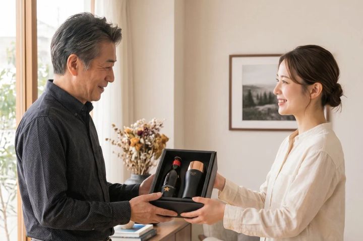 若い女性が中高年男性にイネディットビール瓶と名入れタンブラーを収めたブラック化粧箱のギフトセットを手渡している室内シーン。受け取る男性が笑顔で箱を持ち、贈答シーンを描写