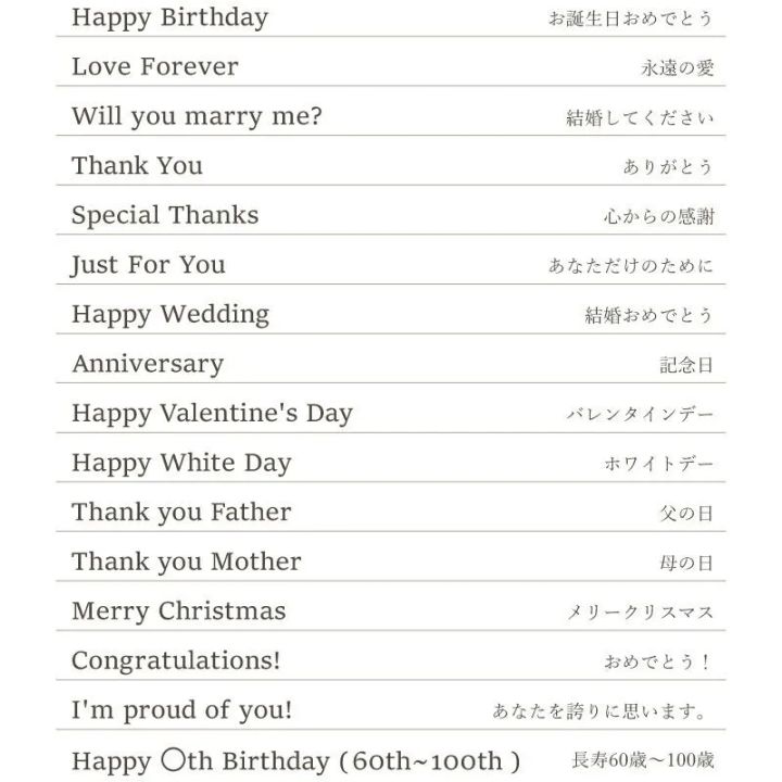 タンブラーに入れられる英語メッセージ16種類と日本語訳の一覧表。父の日・誕生日・結婚・記念日など用途別フレーズが並ぶ選択肢説明