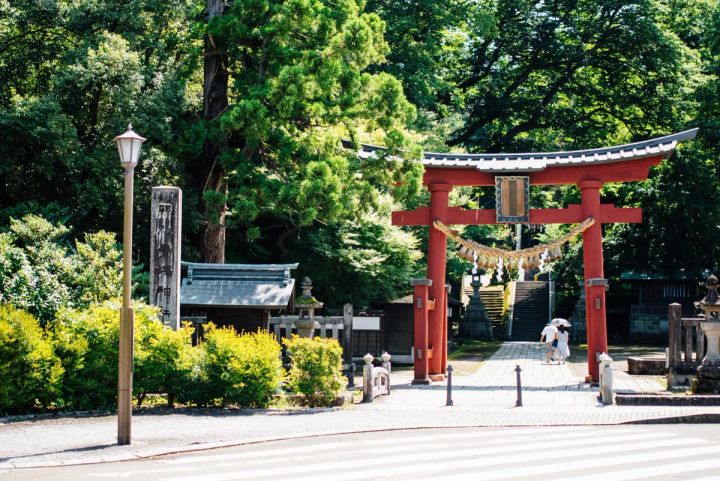 青海神社の参道入口から撮影した赤い鳥居と玉垣、しめ縄、緑豊かな木々と灯籠が並ぶ外観写真
