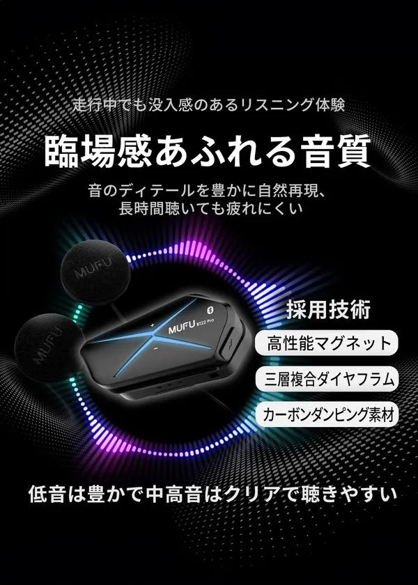 MUFU BT22 Proの音質特性を訴求した機能解説画像。高性能マグネット・三層複合ダイヤフラム・カーボンダンピング素材の3採用技術と専用スピーカーユニットを掲載