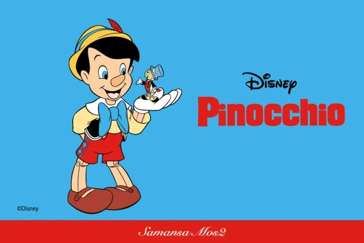 ディズニー映画ピノキオとジミニークリケットのキャラクターイラストと「Disney Pinocchio」「Samansa Mos2」ロゴを配置したコレクション告知用キービジュアル