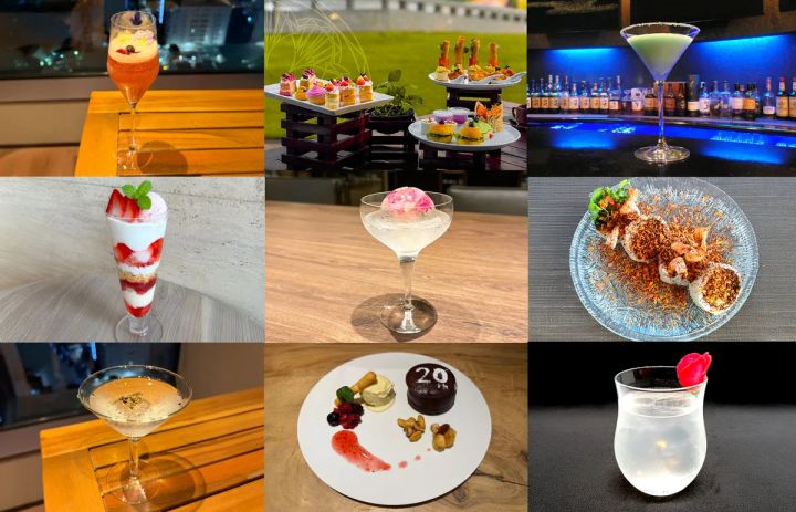 グランベルホテル20周年限定メニュー9種の一覧コラージュ。スパークリングカクテル・アフタヌーンティーセット・グリーンマティーニ・苺パフェ・桜アイスボール入りカクテル・エビ料理・チョコレートデザート（20周年プレート）・花飾りドリンクなど各施設のオリジナルメニューが並ぶ