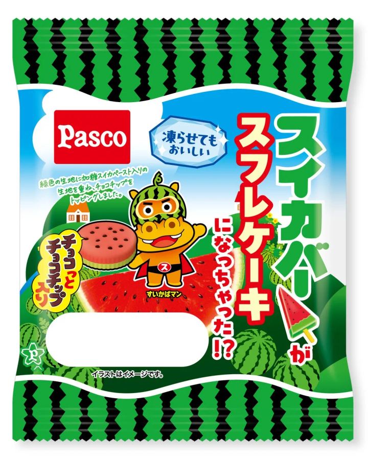 Pascoのスイカバースフレケーキの袋パッケージ正面。スイカ柄の緑袋にスフレケーキ商品写真・すいかばマンキャラクター・「チョコっとチョコチップ入り」表記あり