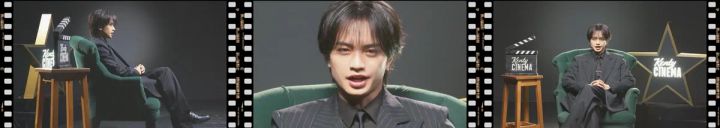 「Kenty CINEMA」の収録スタジオセットを映したフィルム風コマ割り3分割写真で、緑のソファと番組ロゴボード・クランクボードが置かれたセット内で黒スーツ姿の中島健人が座り・トーク中・全身を映した3アングルの番組収録場面カット