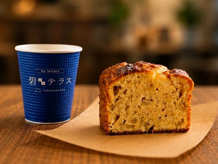 碧テラスロゴ入り紙カップと断面が見えるリンゴ入りパウンドケーキを木製テーブル上に並べた商品写真
