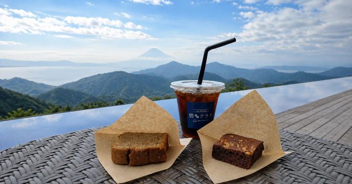 伊豆パノラマパーク碧テラスのテラス席で富士山と駿河湾を背景に並ぶアイスコーヒー・パウンドケーキ・ブラウニーの3点セット