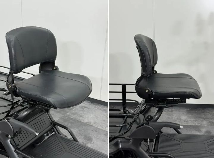 エレキャリーの黒レザー製シートとバックレストを正面・斜め後方の2アングルで撮影した部品クローズアップ写真