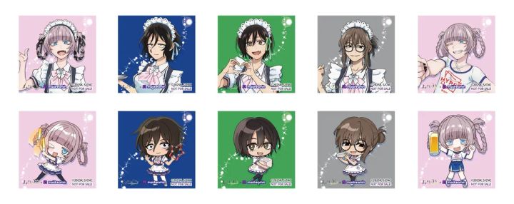 よふかしのうたSeason2×めいどりーみんコラボの通常絵柄とちびキャラ絵柄のブロマイド風ステッカー全10種で、各キャラのメイド衣装バリエーションが一覧表示されている