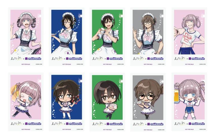 よふかしのうた×めいどりーみんコラボの非売品ブロマイド全10種の一覧で、上段は等身キャラ5種・下段は同キャラのチビキャラ5種がカラー背景違いで並ぶ特典カードセット