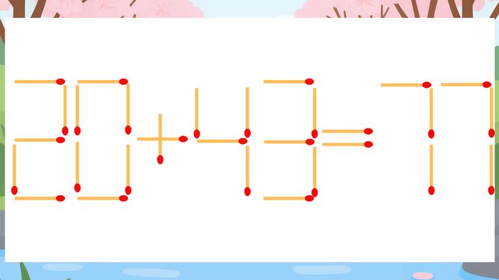 【マッチ棒クイズ】1本だけ動かして正しい式に：20+43=77？の問題画像