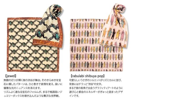 サーヴォ×シブヤフォントコラボスカーフ2種の商品写真。左がブラウンボーダーに宝石柄の「jewel」、右がピンク地にうさぎシルエット柄の「rabulabi shibuya pop」で、それぞれ商品説明テキスト付き
