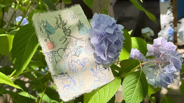 【福岡県八女市】福島八幡宮が、「梅雨限定『鳥獣戯画御朱印』」を頒布。境内の紫陽花とともに撮影