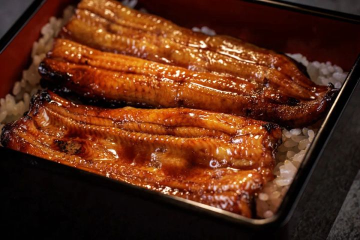 タレを塗って焼いた鰻の蒲焼が重箱いっぱいに敷き詰められたうな重のアップショット。白飯の上に3〜4尾分の鰻が並び、照りのある濃厚なタレが全体に絡んでいる
