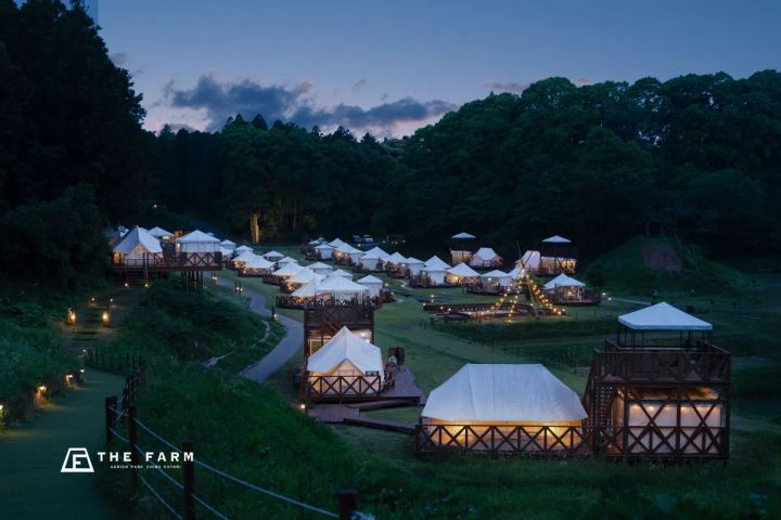 農園リゾートTHE FARM（千葉県香取市）の夕暮れ時の全景。ウッドデッキ付き白テントのグランピング施設が芝生の丘に20棟以上並び、敷地内照明と薄暮の空が写る俯瞰ショット