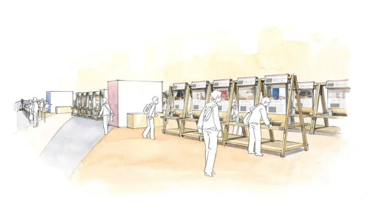 会場内の商品展示エリアを示す手描きスケッチ風のイメージ図。木製スタンドに商品パネルが並ぶ中を複数の来場者が回遊している会場レイアウト案