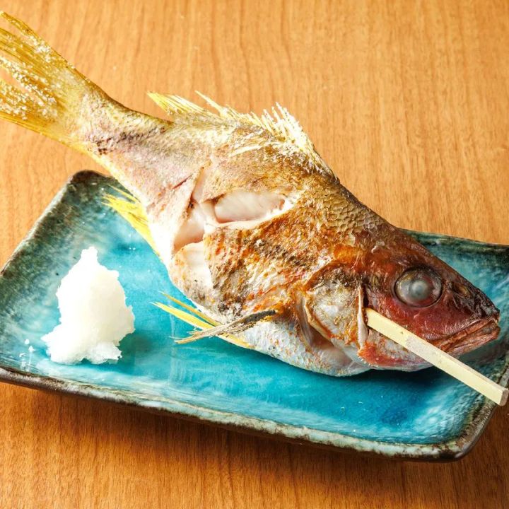 鯛と思われる一尾の炭火炉端焼きを青釉の長皿に盛り付け、大根おろしを添えた料理写真。皮目に焼き色が入り竹串で固定されている