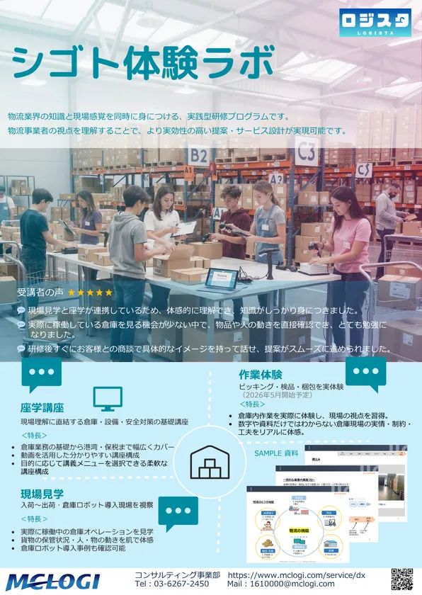 MCLOGIが提供する体験型研修プログラム「シゴト体験ラボ」の紹介チラシ。倉庫内で作業する研修参加者の写真を背景に、座学講座・現場見学・ピッキング等の作業体験の3構成と受講者の星5レビューコメントを掲載。