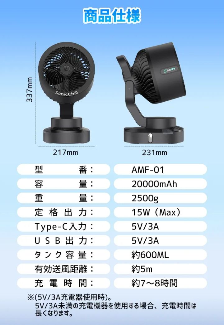 SOPPYミスト搭載アウトドアファンのスペック一覧
