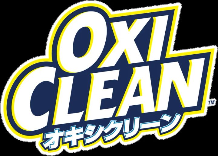 オキシクリーン（OXI CLEAN）の日本語カタカナ表記入りブランドロゴ。濃紺地に白抜き文字、黄色のアウトライン配色の公式ロゴタイプ単体