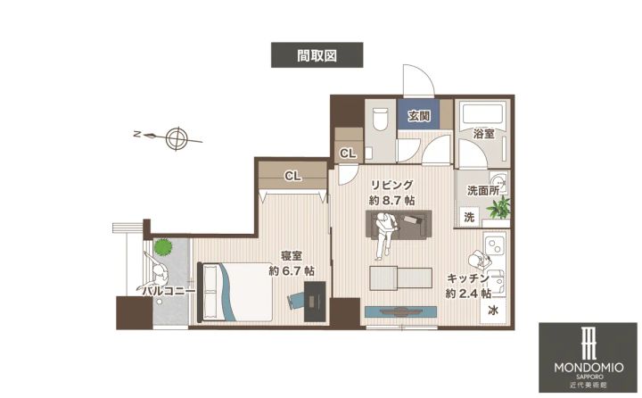 モンドミオ札幌近代美術館の間取り図。寝室約6.7帖・リビング約8.7帖・キッチン約2.4帖・浴室・洗面所・バルコニー付きの1LDKレイアウトを図示