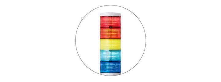 熱中症指数表示灯 IT60SA1-WBGT の発光部5段クローズアップ。赤・橙・黄・水色・青の各LEDユニットの積層構造を円形トリミングで強調した拡大写真