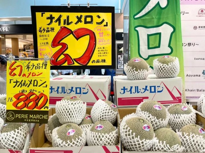 希少品種ナイルメロン1玉880円の値段POP拡大ショット。幻の品種と赤字で強調した黄色手書きPOP・ペリエマルシェロゴ入り価格札・ネット包装のメロン山積みが写っている
