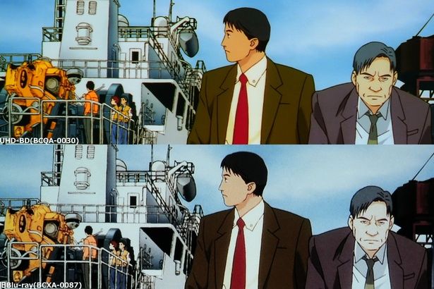 細やかな描き込みがよくわかることで、フィルムノワール調の作風が引き立てられている(『ＷＸIII 機動警察パトレイバー』) [c]2002 HEADGEAR／BANDAI VISUAL／TOHOKUSHINSHA ※画像は編集部にてモニターを撮影したもの