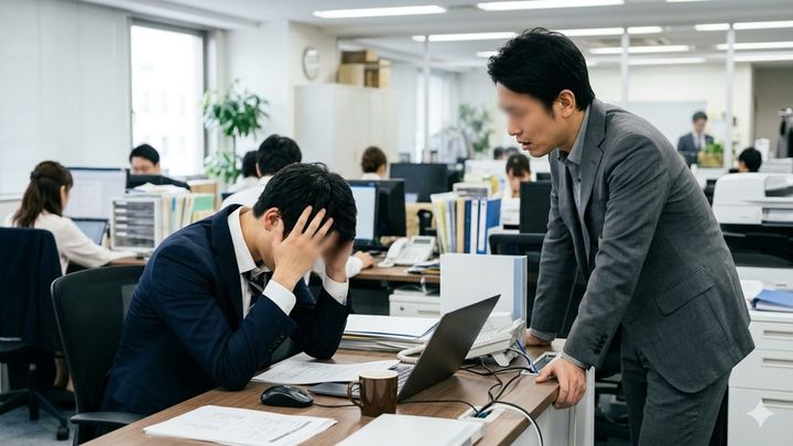 30代男性が20代の後輩社員をオフィスで指導している