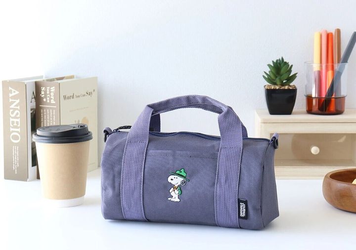 登山スタイルのスヌーピー刺繍が入ったグレーのミニボストンバッグ。横に本や紙コップ、観葉植物が置かれている