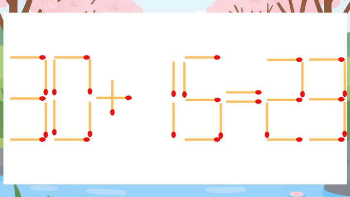 【マッチ棒クイズ】1本だけ動かして正しい式に：30+15=23？の問題画像
