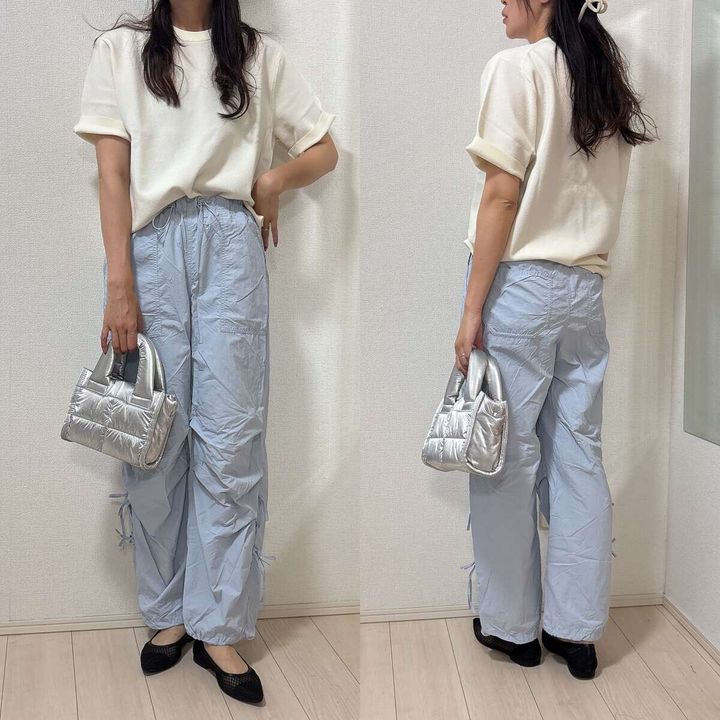 ユニクロ ウォッシャブルミラノリブニットTシャツ ブルーテックパンツのきれいめカジュアルコーデ
