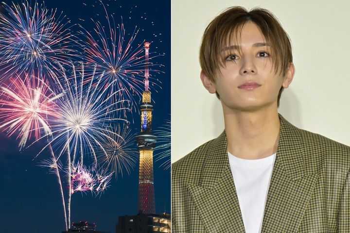 隅田川花火大会（左）と、山田涼介さん（2026年3月25日、時事通信フォト）