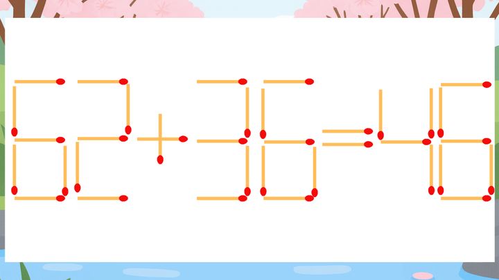 【マッチ棒クイズ】1本だけ動かして正しい式に：62+36=46？の問題画像