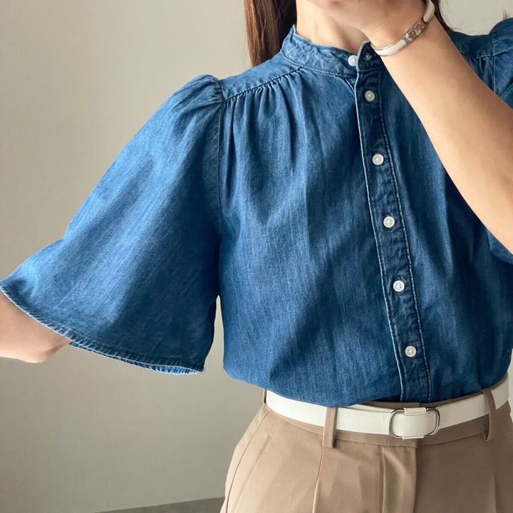 H＆M デニムブラウス ギャザーとパフスリーブのディテールアップ