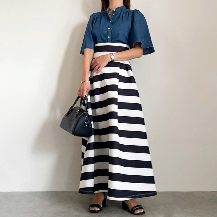 H＆M デニムブラウス ボーダーフレアスカートの大人レトロコーデ