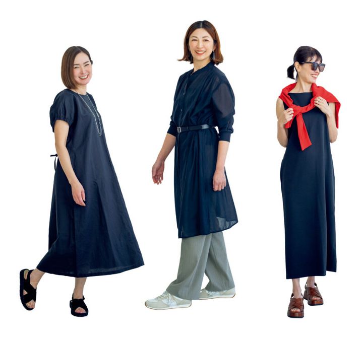 （右）前開きで着まわしやすい。ワンピース¥5,990／無印良品（無印良品 銀座）、パンツ￥3,990、ベルト¥2,990／ともにユニクロ、スニーカー￥2,990／GU（ジーユー）、イヤリング￥10,800／アビステ、（中）上質感あるクレープジャージ素材。ワンピー¥3,990、 肩にかけたカーディガン￥2,990／ともにユニクロ、サングラス¥1,990（5月上旬発売予定）／無印良品（無印良品 銀座）、サンダル￥77,000／チエ・ミハラ（アッシュ・ペー・フランス）、（左）二の腕をパフスリーブがカバー。ワンピース¥5,990、サンダル¥4,990／ともに無印良品（無印良品 銀座）、ネックレス￥12,100／アビステ