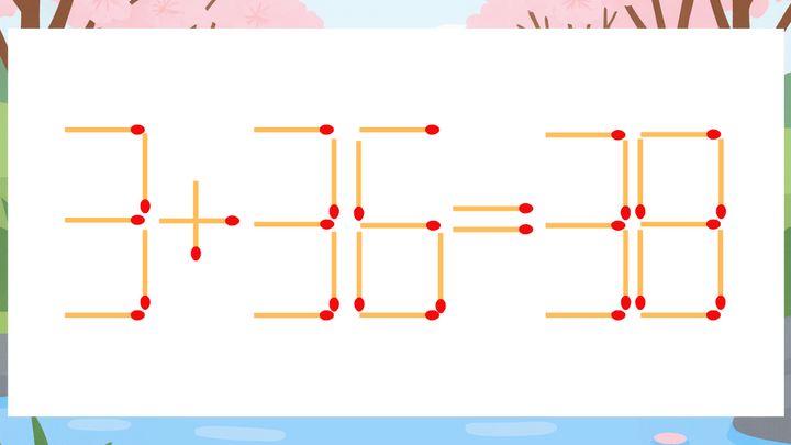 【マッチ棒クイズ】1本だけ動かして正しい式に：3+36=38？の問題画像