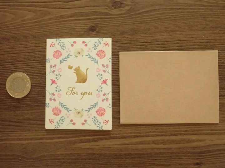 DAISO(ダイソー)：ミニグリーティングカード(猫と花、For You、2枚)