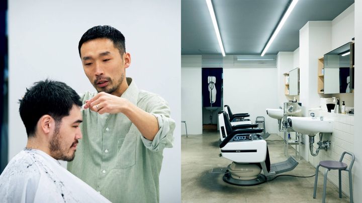 〈BARBER SAKOTA〉店主・迫田将輝、モデル・品川、下高井戸〈BARBER SAKOTA〉店内