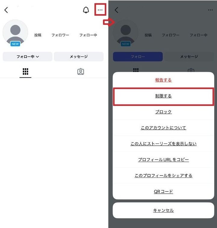 コメントやDMをそっと見えなくする「アカウント制限」