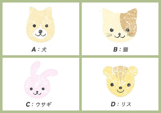 緑の枠に犬・猫・ウサギ・リスの顔が描かれた4択の心理テストイラスト
