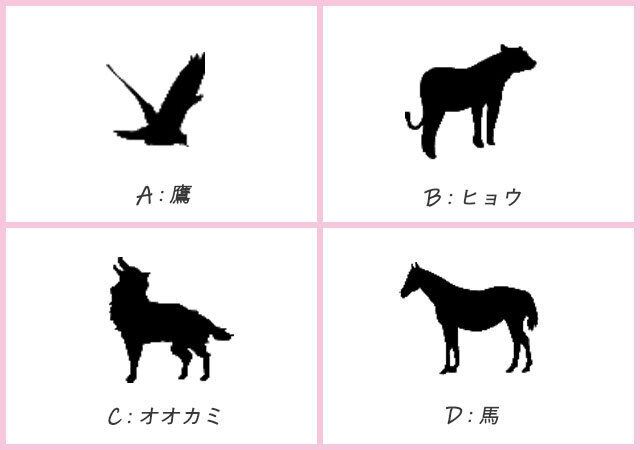 ピンクの枠に鷹・ヒョウ・オオカミ・馬の黒いシルエットが並ぶ4択の心理テストイラスト