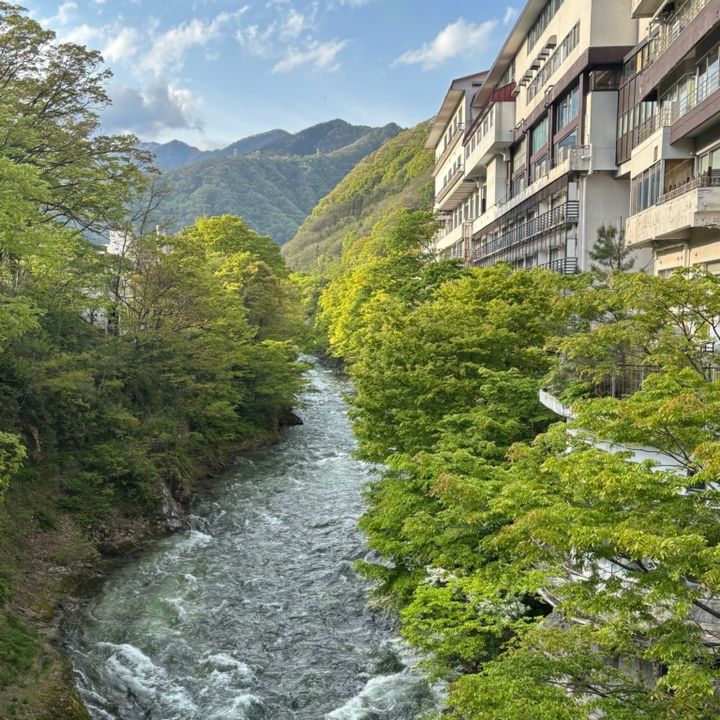 みなかみ中心部にある温泉宿【坐山-みなかみ-】の窓から見える雄大な利根川や新緑
