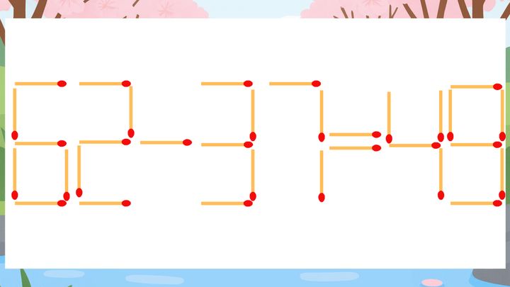 【マッチ棒クイズ】1本だけ動かして正しい式に：62-37=49？の問題画像