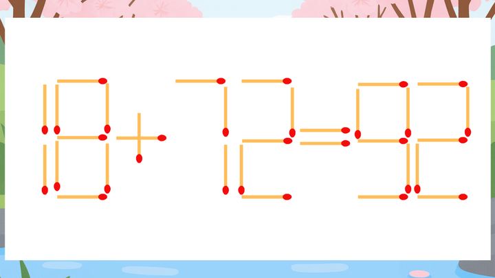 【マッチ棒クイズ】1本だけ動かして正しい式に：18+72=92？の問題画像