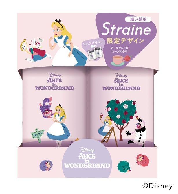 細い髪用「SOFT」はアリスやチェシャ猫、白うさぎ、ハートの女王のバラの庭が描かれた特別デザイン。香りはアールグレイ＆ローズ