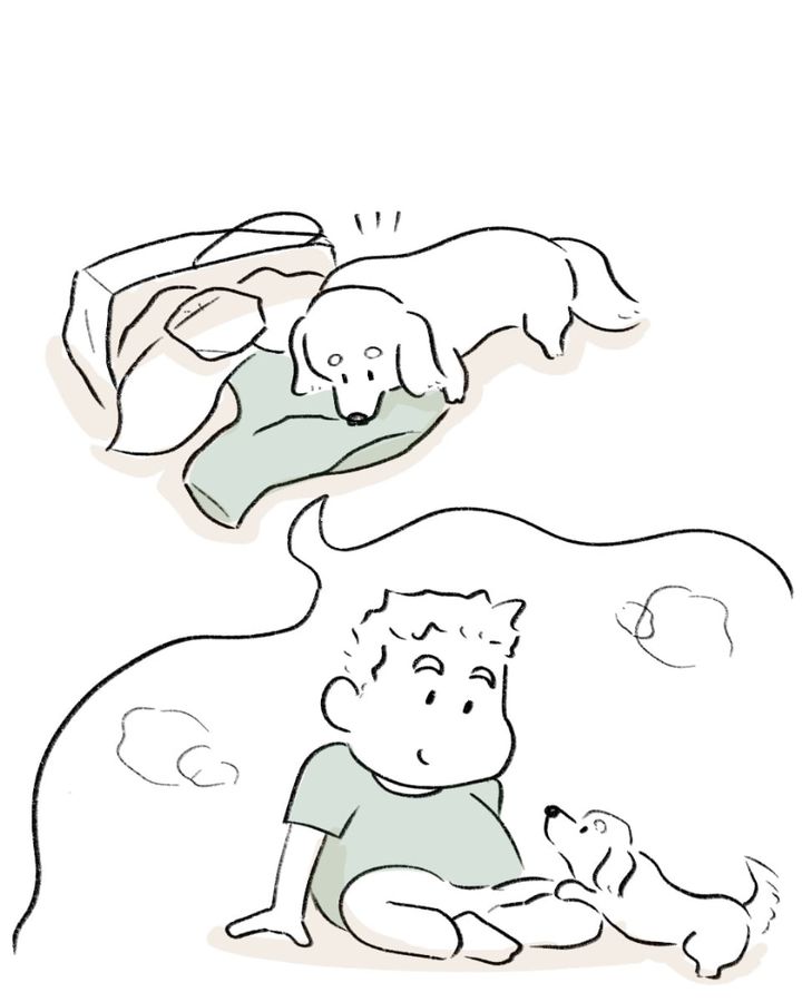 入院中の夫の洗濯物を見つけた愛犬について描いた漫画のカット（たけのこさん提供）