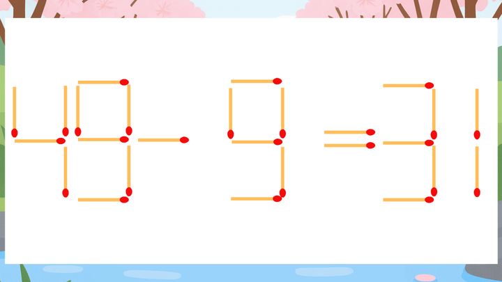 【マッチ棒クイズ】1本だけ動かして正しい式に：49-9=31？の問題画像