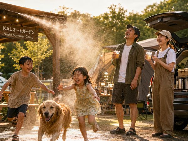 【埼玉県熊谷市】100個のミストノズルで愛犬や家族とずぶ濡れ体験！「KALオートガーデン」夏限定宿泊プラン